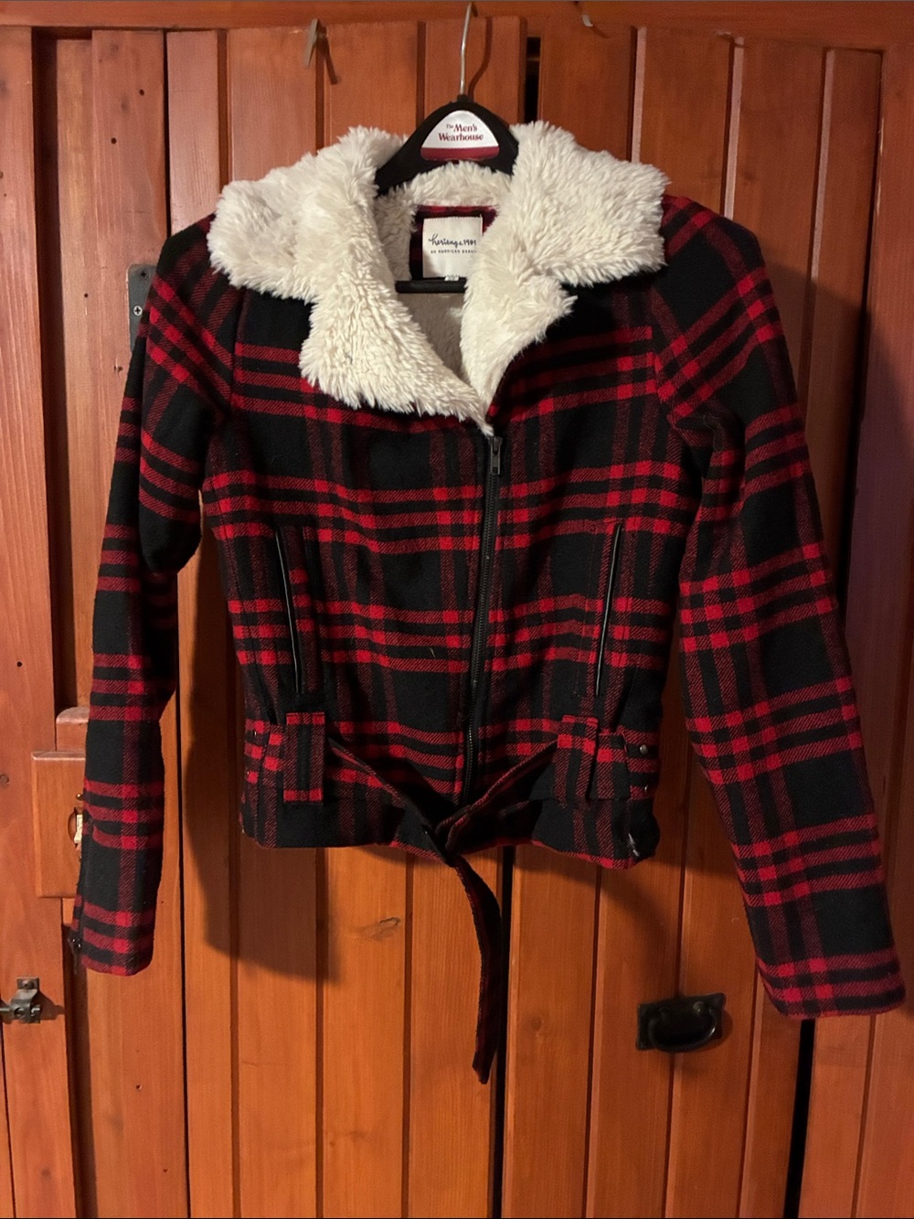 Heritage 1981 Red and Black Plaid Teddy-Collar Jacket